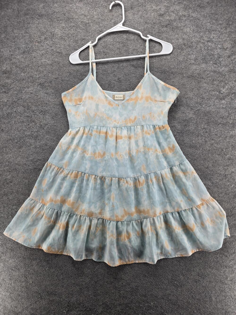 Altar'd State Dress Womens Large Blue Tan Tiered Tie Dye Boho Sleeveless Summer